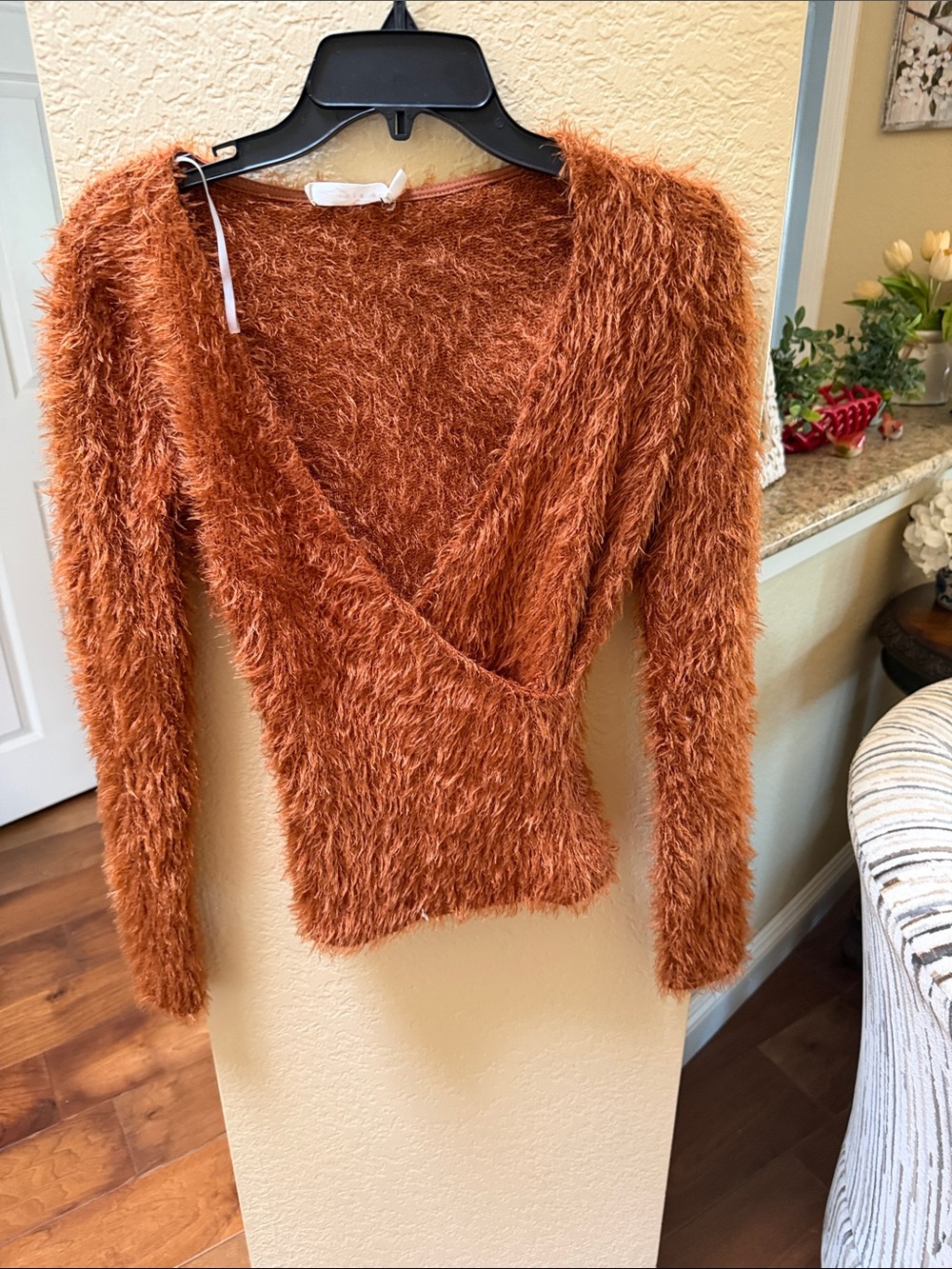 Lush Rust Orange Fuzzy V-Neck Sweater